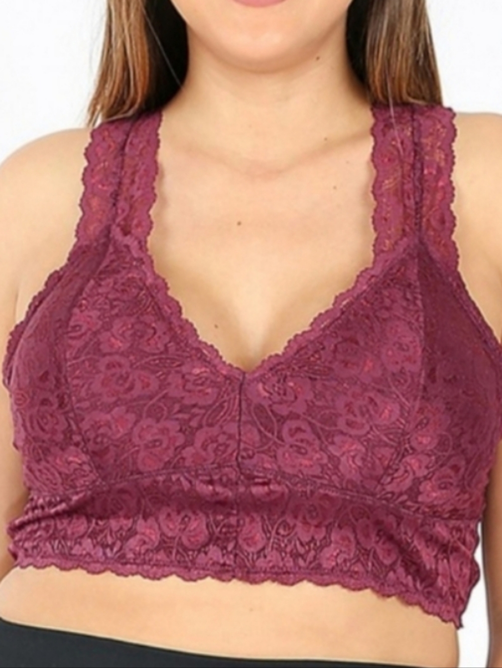 Zenana Outfitters Scalloped Lace Racerback Padded Bralette - Eggplant